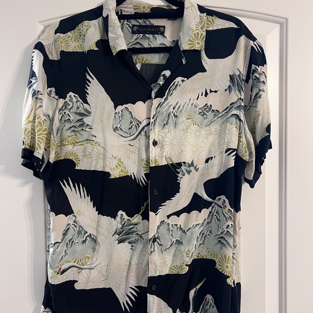 All Saints Black and White Crane Print Men's Shirt